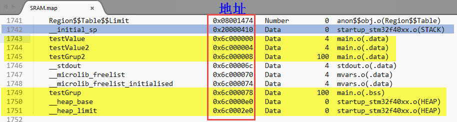 图 40‑55 在map文件中查看工程的存储分布1(SRAM.map文件)