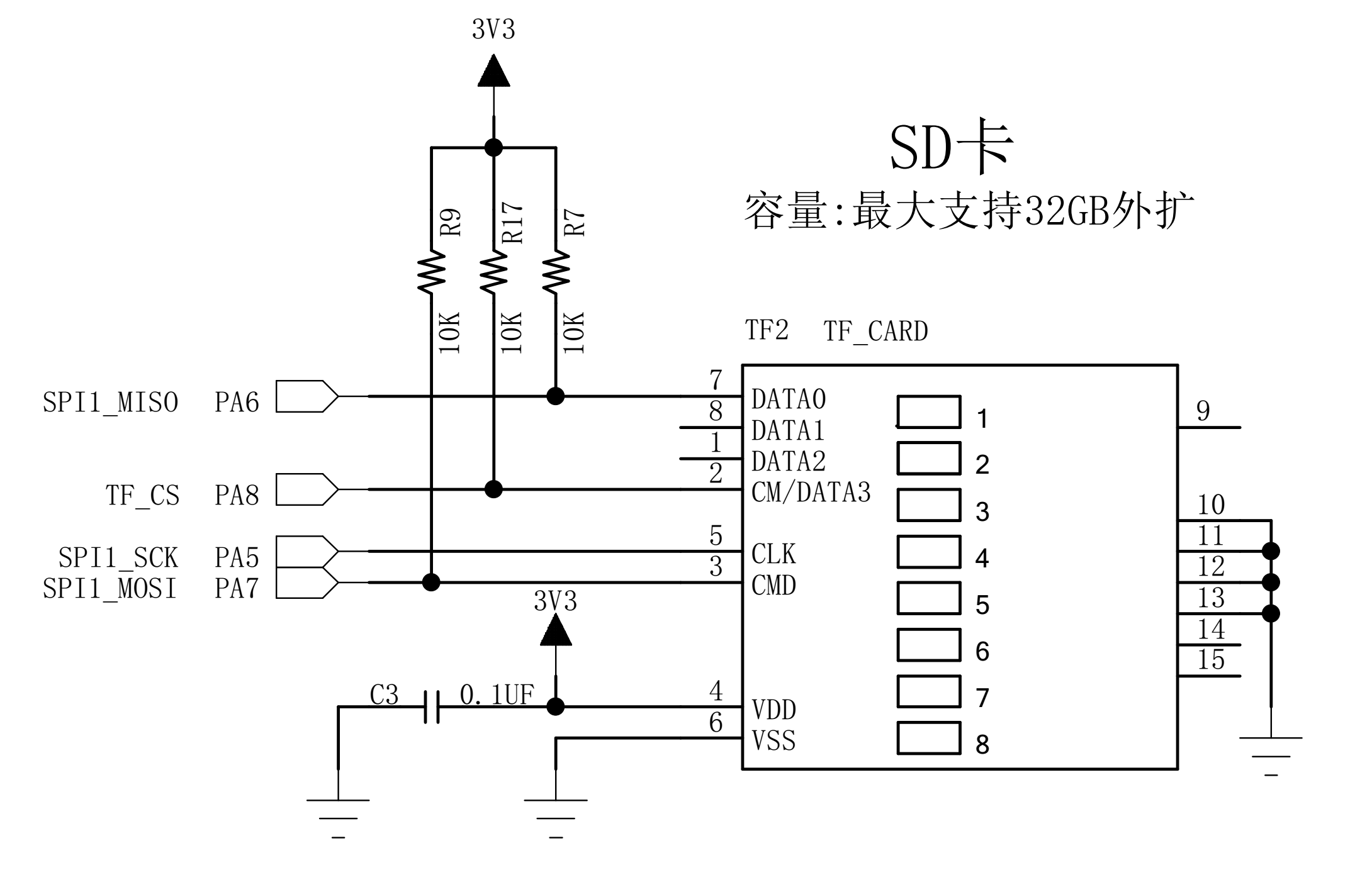图 35‑18b MINI开发板的SD卡硬件设计（SPI接口）