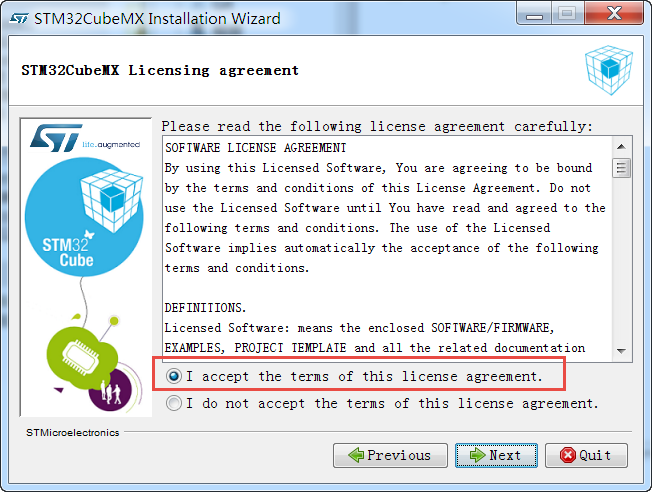 STM32CubeMX接受本许可协议的条款