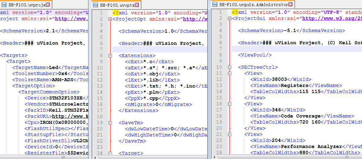 图 40‑21 使用记事本打开uvprojx、uvoptx及uvguix文件可看到XML格式的记录