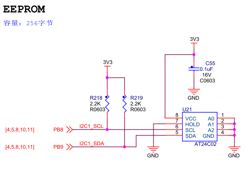 图 23‑12a F407-霸天虎开发板：EEPROM硬件连接图