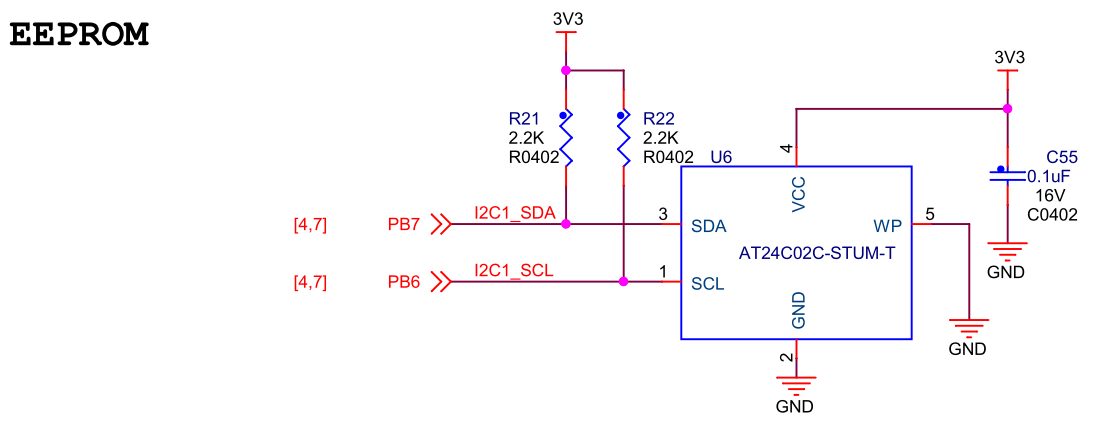 图 23‑12b F429-挑战者开发板：EEPROM硬件连接图