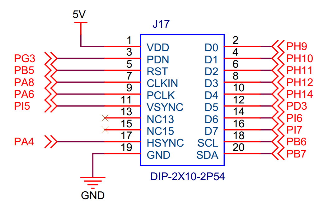 图 45‑0-20 STM32实验板引出的DCMI接口