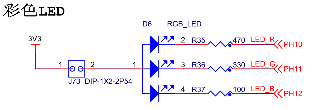 图 7‑8a F767-挑战者开发板、H743II-挑战者开发板：LED灯电路连接图