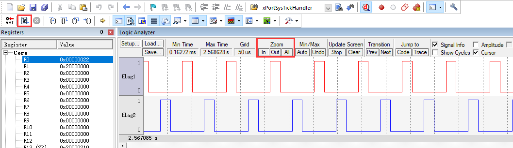 点击全速运行按钮，即可看到波形，Zoom栏的In Out All可放大和缩小波形