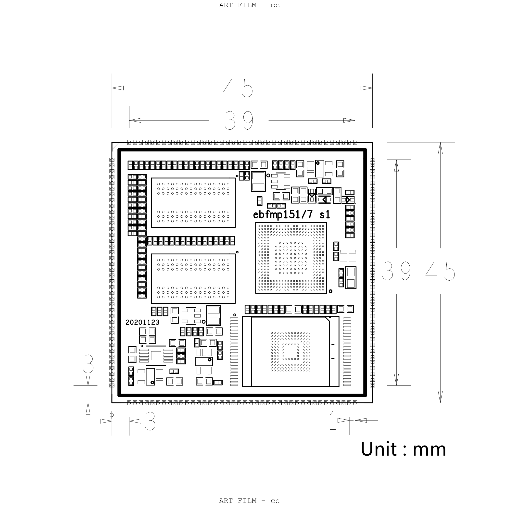 EBFMP157 S1 邮票孔核心板尺寸图,单位mm